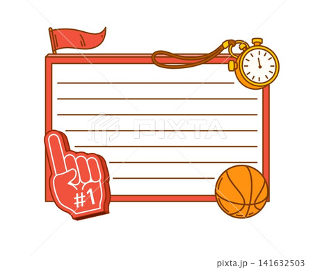 Memo note with basketball sport frame for message sticker or task plan Kids memo note template with basketball ball, fan foam finger glove and game stopwatch for adhesive post or daily agenda planner 141632503