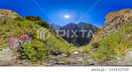 360-Degree Panoramic View of Mountain Gorge in Kyrgyzstan 141632550