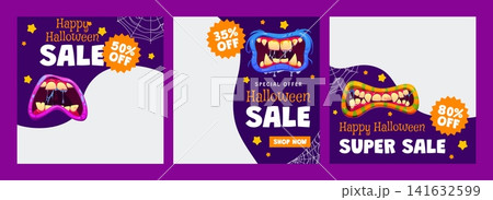 Happy Halloween sale banner templates with scary cartoon monster mouths showing sharp teeth and drool. Cartoon promotional banners with cobwebs, stars and discount badges for social media marketing Happy Halloween sale banner templates with scary cartoon monster mouths showing sharp teeth and drool. Cartoon promotional banners with cobwebs, stars and discount badges for social media marketing 141632599