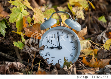 Old alarm clock rests among fallen autumn leaves, a reminder of time's passage. Old alarm clock rests among fallen autumn leaves, a reminder of time's passage. 141632663