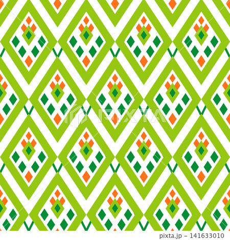Geometric ethnic seamless pattern. Ornament of rhombuses. Green orange motifs on white background Geometric ethnic seamless pattern. Ornament of rhombuses. Green orange motifs on white background 141633010