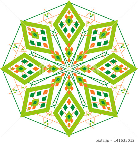 Holiday geometric ornamental illustration Winter ornament of rhombuses Bright green orange snowflake Holiday geometric ornamental illustration Winter ornament of rhombuses Bright green orange snowflake 141633012