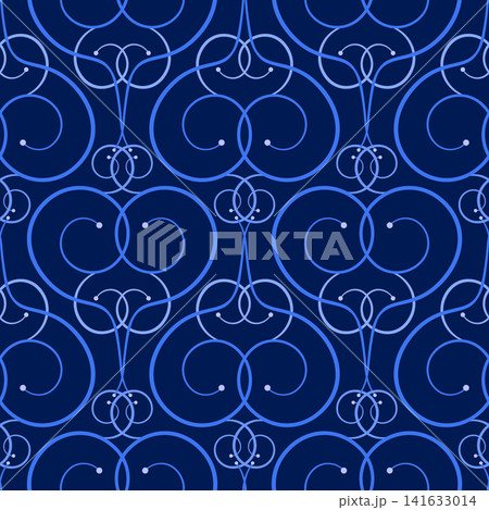 Blue intricate swirls on dark blue background. Seamless pattern of flourish. Vintage style curly ornament for winter decor Blue intricate swirls on dark blue background. Seamless pattern of flourish. Vintage style curly ornament for winter decor 141633014