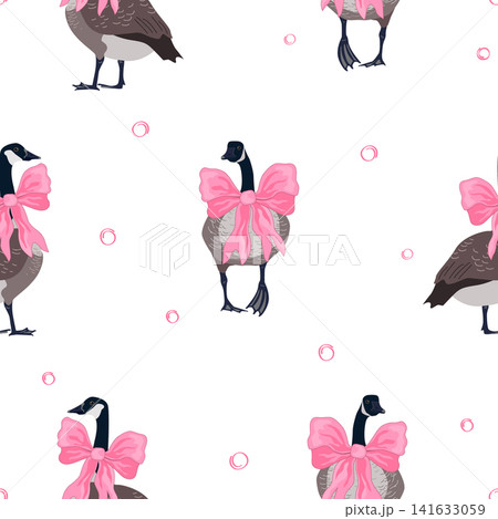 Canada Goose with coquette bows seamless pattern. Vector cute bird background Canada Goose with coquette bows seamless pattern. Vector cute bird background 141633059