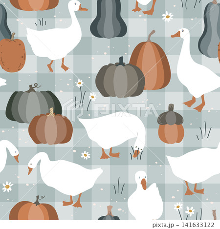 Happy Thanksgiving seamless pattern with cute goose and pumpkins on gingham background. Autumn harvest vector illustration Happy Thanksgiving seamless pattern with cute goose and pumpkins on gingham background. Autumn harvest vector illustration 141633122