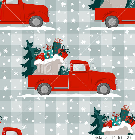 Christmas seamless pattern with red truck and Xmas gifts on gingham background. Winter print with hand drawn vintage car and holiday presets sack. Vector illustration. Christmas seamless pattern with red truck and Xmas gifts on gingham background. Winter print with hand drawn vintage car and holiday presets sack. Vector illustration. 141633123