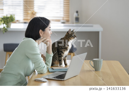 猫のいる暮らし　ノートパソコンの前で頬杖をつく若い女性と猫 141633136