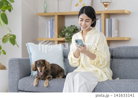 スマートフォンを操作する若い女性と側に座る愛犬 スマートフォンを操作する若い女性と側に座る愛犬 141633141