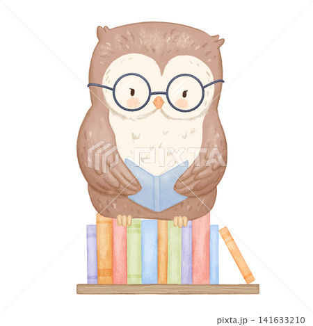 Cute watercolour owl with glasses reading on books stack. Childish illustration isolated on white background, woodland bird character for kids Cute watercolour owl with glasses reading on books stack. Childish illustration isolated on white background, woodland bird character for kids 141633210