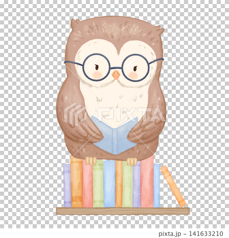 Cute watercolour owl with glasses reading on books stack. Childish illustration isolated on white background, woodland bird character for kids Cute watercolour owl with glasses reading on books stack. Childish illustration isolated on white background, woodland bird character for kids 141633210