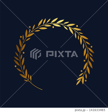 Golden branch. Laurel wreath. Plant twig with leaves. Luxury nominee circle frame. Glossy metallic stalk. Competition winning reward gold decor. Glory and triumph. Vector award floral heraldic element 141633465