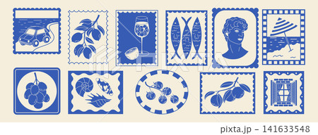 Greek sticker. Mediterranean logo. Summer vacation in Greece card. Postcard stamp. Ancient statue, car on sea. Icon of sardine, olives. Vector garish print flat style isolated monochrome illustration 141633548
