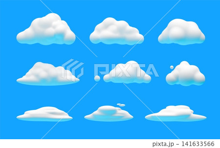 Cloud 3D. Sky fluffy white. Weather icon, forecast meteorology. Cartoon cloudy element. Cute bubble rounded shape on background. Air seasonal symbol. Vector simple climate render isolated minimal set Cloud 3D. Sky fluffy white. Weather icon, forecast meteorology. Cartoon cloudy element. Cute bubble rounded shape on background. Air seasonal symbol. Vector simple climate render isolated minimal set 141633566