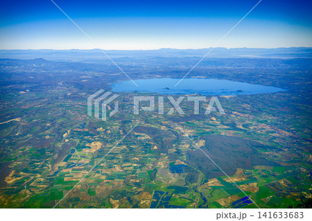 bracciano lake aerial view from airplane window 141633683