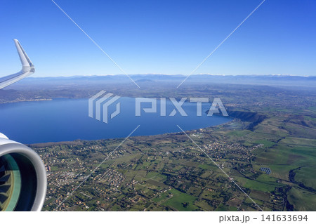 bracciano lake aerial view from airplane window 141633694