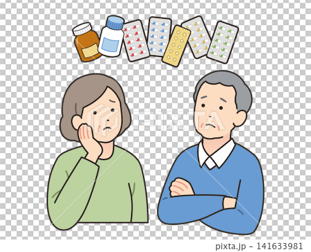 An illustration of an elderly person struggling with medication management. An illustration of an elderly person struggling with medication management. 141633981