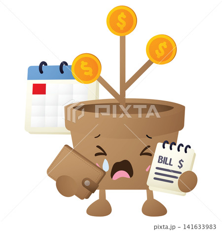 Cute potted plant shows distress holding wallet and bill 141633983
