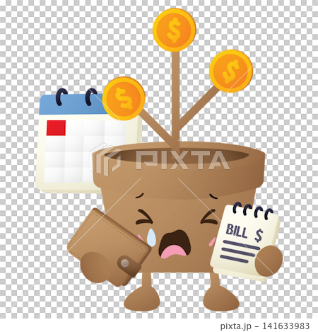 Cute potted plant shows distress holding wallet and bill 141633983