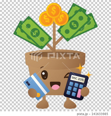 Cute plant character holds card and calculator 141633985