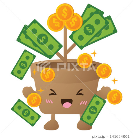 Cute pot with joyful expression grows money and bills 141634001