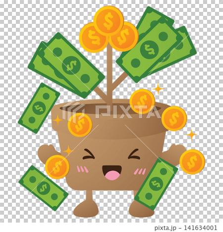 Cute pot with joyful expression grows money and bills 141634001