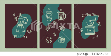 minimal coffee doodle poster set vector illustration. minimal coffee doodle poster set vector illustration. 141634228