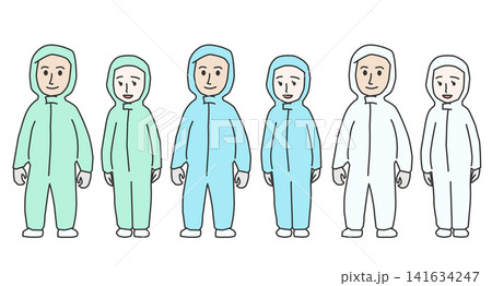 工場や研究所で働く防塵着の男女イラスト 3色 全身セット 141634247