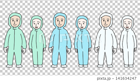 身穿防塵服在工廠和實驗室工作的男女插圖,3 種顏色,全身像。 身穿防塵服在工廠和實驗室工作的男女插圖,3 種顏色,全身像。 141634247