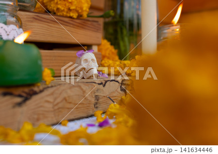 Small sugar skull on rustic wooden altar surrounded by marigold petals, candles, glass jar, purple flowers for Day of Dead memorial offering with warm soft light Small sugar skull on rustic wooden altar surrounded by marigold petals, candles, glass jar, purple flowers for Day of Dead memorial offering with warm soft light 141634446