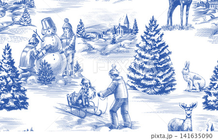 Christmas Toile De Jouy seamless pattern. Winter scenes with children nature and pines. Landscape Christmas Toile De Jouy seamless pattern. Winter scenes with children nature and pines. Landscape 141635090