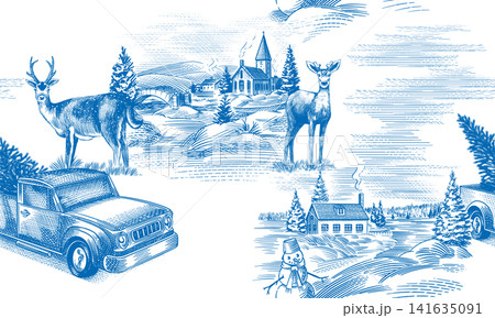 Christmas Toile De Jouy seamless pattern. Winter scenes with nature and pines. Winter snowy town and Christmas Toile De Jouy seamless pattern. Winter scenes with nature and pines. Winter snowy town and 141635091