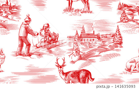 Christmas Toile De Jouy seamless pattern. Winter scenes with children nature and pines. Landscape 141635093