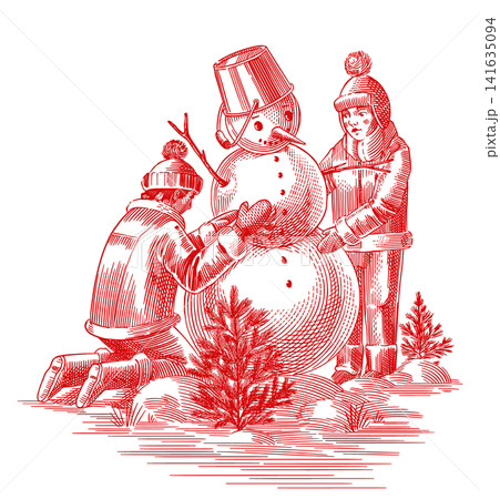 Two kids making a snowman. Real fully hand drawn engraving. Christmas and winter activity Two kids making a snowman. Real fully hand drawn engraving. Christmas and winter activity 141635094