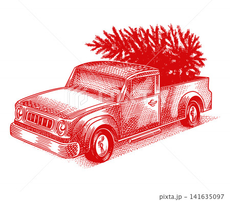 Christmas pick up truck delivery. Fully hand drawn engraving for holiday advertisement Christmas pick up truck delivery. Fully hand drawn engraving for holiday advertisement 141635097