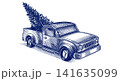 Christmas pick up truck delivery. Fully hand drawn engraving for holiday advertisement 141635099