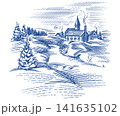 Winter small village or city landscape. Fully hand drawn scenery view with old church and frozen 141635102