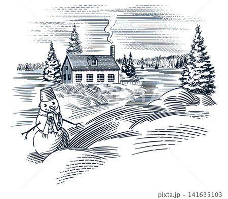 Winter small village or city landscape. Fully hand drawn scenery view with old farm house and frozen 141635103