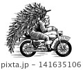 Santa Claus riding motorcycle with a pine tree on the back. Christmas delivery concept 141635106