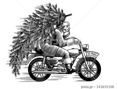 Santa Claus riding motorcycle with a pine tree on the back. Christmas delivery concept Santa Claus riding motorcycle with a pine tree on the back. Christmas delivery concept 141635106