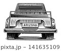 Pick up truck automobile. Fully hand drawn engraving in old traditional style. 141635109