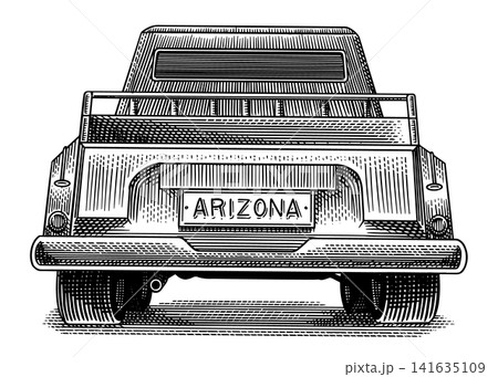 Pick up truck automobile. Fully hand drawn engraving in old traditional style. Pick up truck automobile. Fully hand drawn engraving in old traditional style. 141635109
