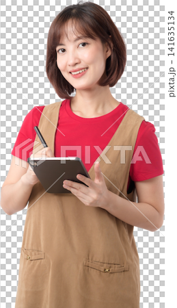 Happy young asian woman writing tablet digital artist designer smiling standing isolated transparency background studio Happy young asian woman writing tablet digital artist designer smiling standing isolated transparency background studio 141635134