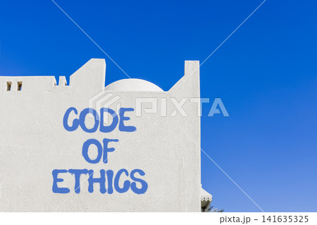 Code of ethics words symbol. Concept words Code of ethics on beautiful white wall. Beautiful blue sky background. Business Code of ethics concept. Copy space. Code of ethics words symbol. Concept words Code of ethics on beautiful white wall. Beautiful blue sky background. Business Code of ethics concept. Copy space. 141635325
