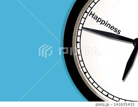 Clock pointer on happiness text with blue copy space background 141635433