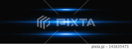 Blue lens flare set. Light effect with glowing horizontal beams. Futuristic laser glow for technology, sci-fi, gaming or digital design. Neon glowing elements. Vector Illustration 141635473