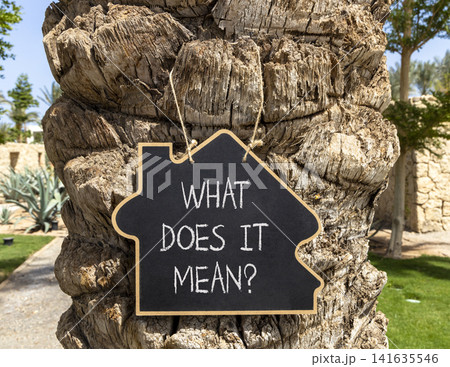 What does it mean words symbol. Concept words What does it mean on beautiful black blackboard. Beautiful palm tree background. Business What does it mean motivational support concept. Copy space. 141635546