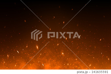 Fire sparks background with glowing embers. Floating ash with burning particles on dark backdrop. Bright flame effect for banner, gaming or cinematic design. Vector Illustration Fire sparks background with glowing embers. Floating ash with burning particles on dark backdrop. Bright flame effect for banner, gaming or cinematic design. Vector Illustration 141635591
