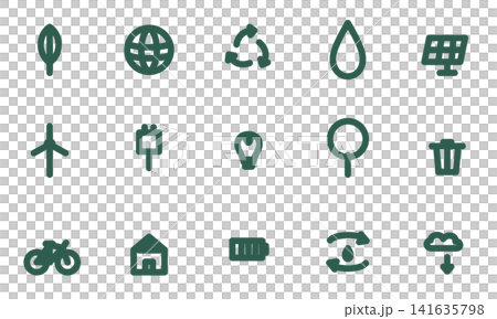 SDGs 生態圖標集（15 種類型，日式風格，綠色）：環境和再生能源向量素材。 141635798