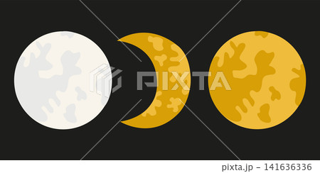 Hand-drawn moon phases illustrations set, full moon and new moon in white and yellow colors for packaging or seasonal design Hand-drawn moon phases illustrations set, full moon and new moon in white and yellow colors for packaging or seasonal design 141636336