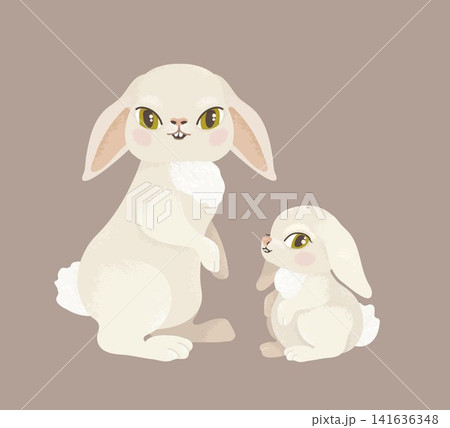 Cute white rabbit family with adult bunny and baby on neutral background Cute white rabbit family with adult bunny and baby on neutral background 141636348